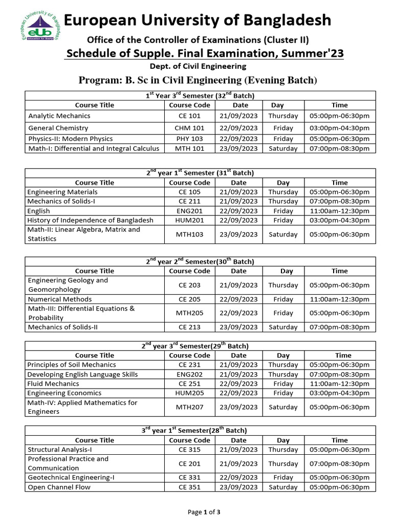Civil Engineering Exam Schedule Summer'23 | PDF | Engineering | Civil ...