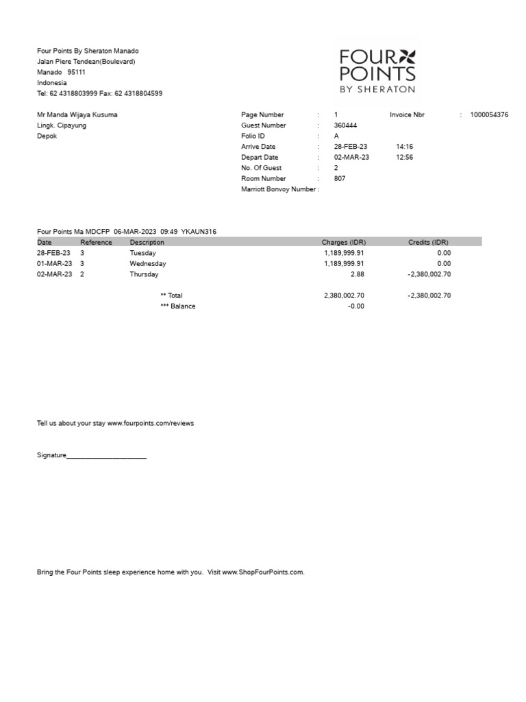 Four Points Sheraton Invoice Summary | PDF