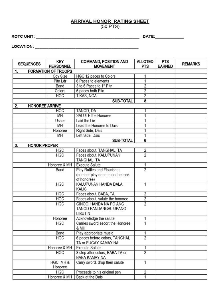 Arrival Honor Rating Sheet | PDF