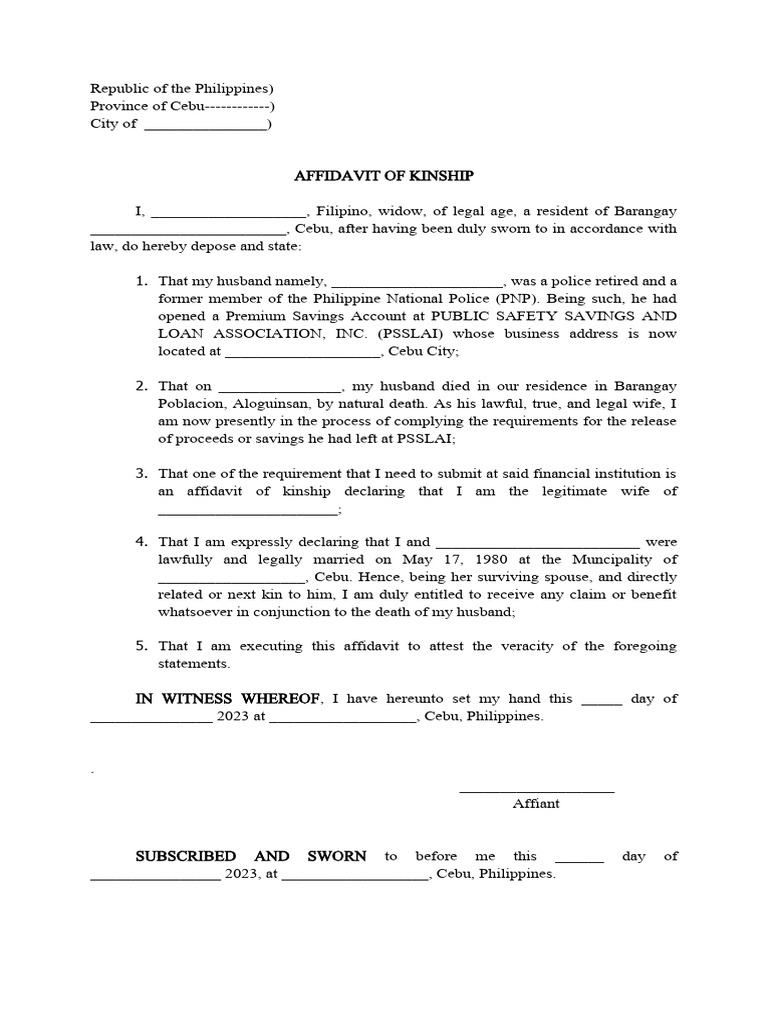 Affidavit of Kinship Template PDF