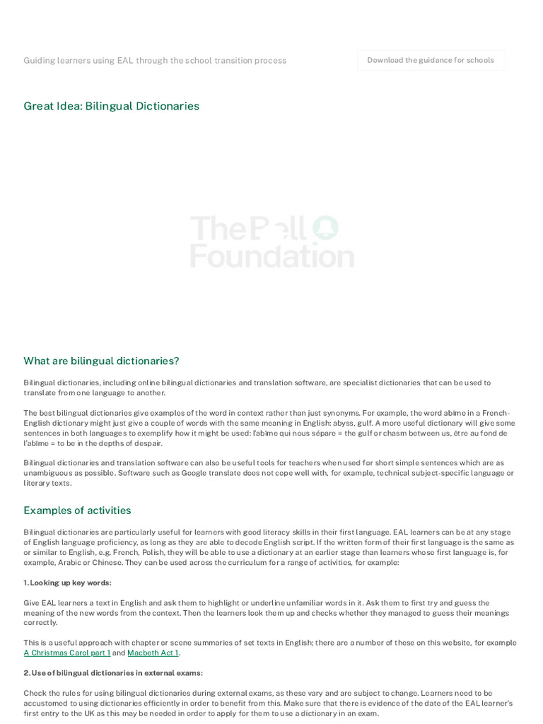Bilingual Dictionaries for EAL Learners | PDF | English As A Second Or ...