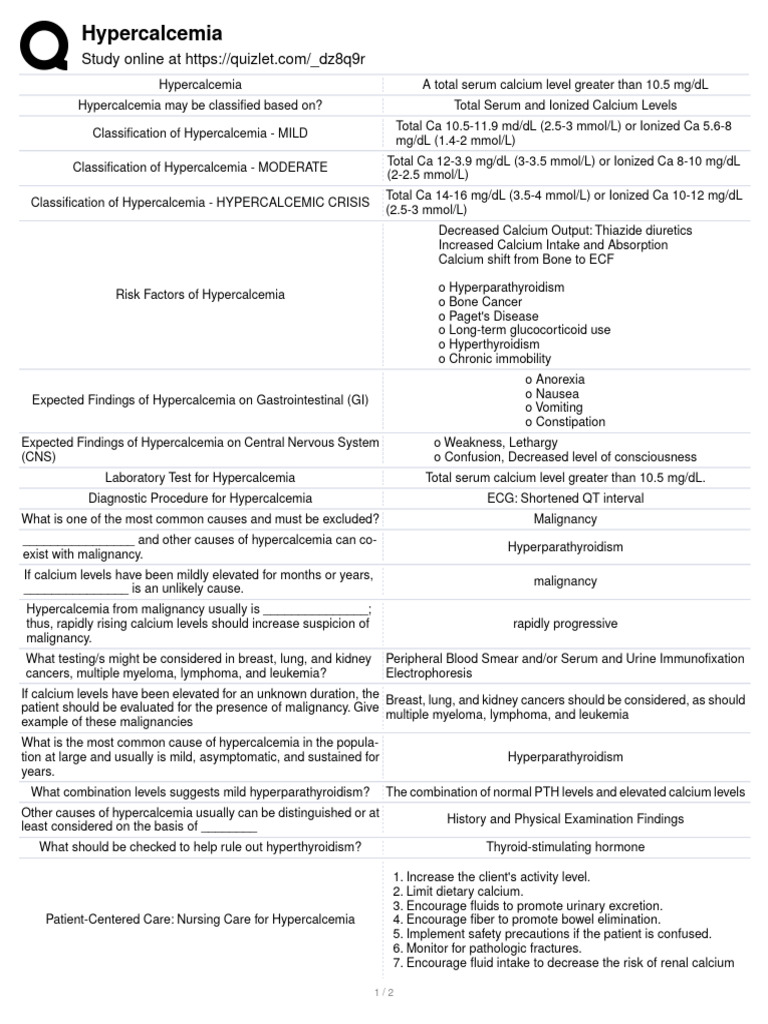 Quizlet Hypercalcemia PDF PDF Medical Specialties Clinical Medicine