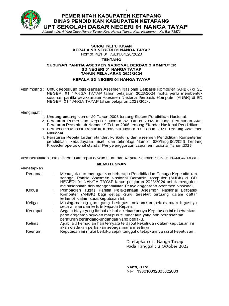 Susunan Panitia ANBK SDN 01 Nanga Tayap | PDF