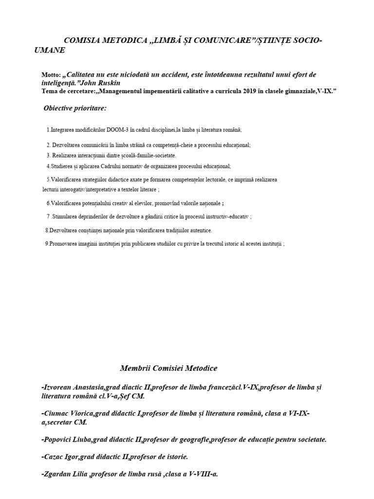 Plan Managerial Comisie Metodica 20202021 | PDF