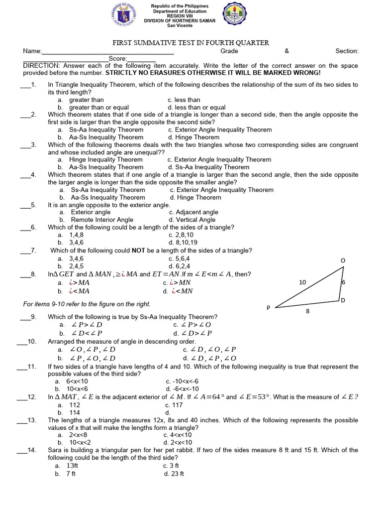 1st Summative Test - Fourth Quarter G8 | PDF | Triangle | Angle