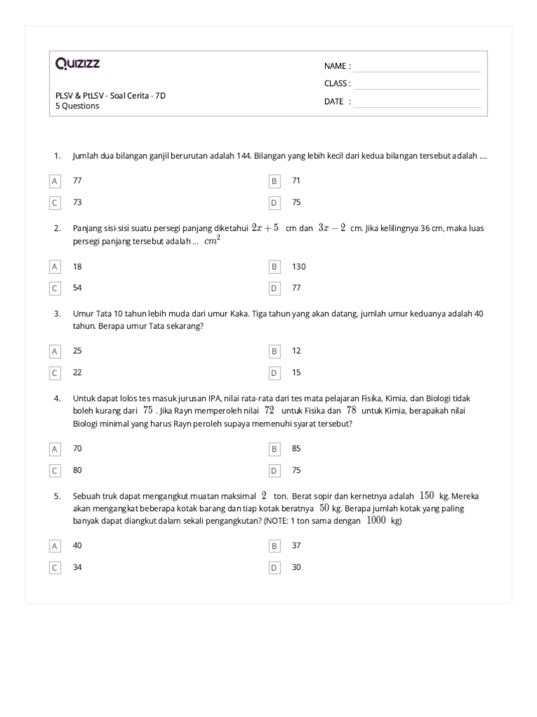 PLSV & PTLSV - Soal Cerita - 7D | PDF