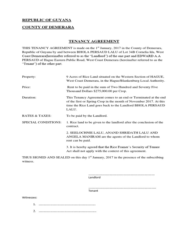 Tenancy Agreement for Rice Land in Guyana | PDF