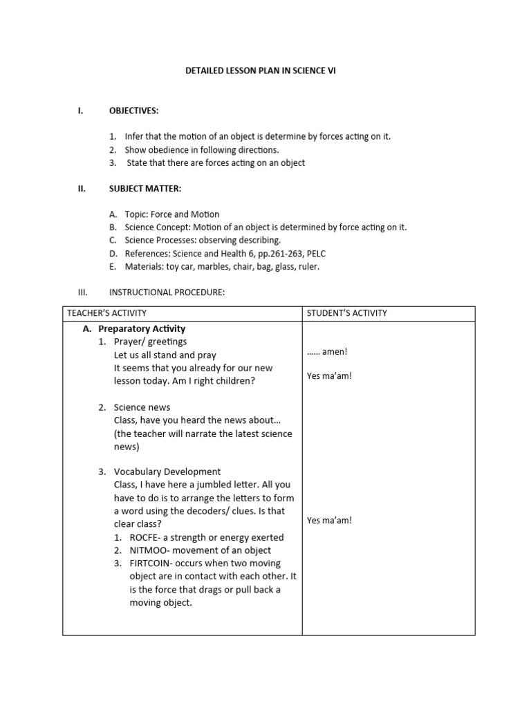 Force and Motion Lesson Plan VI | PDF | Force | Cognition
