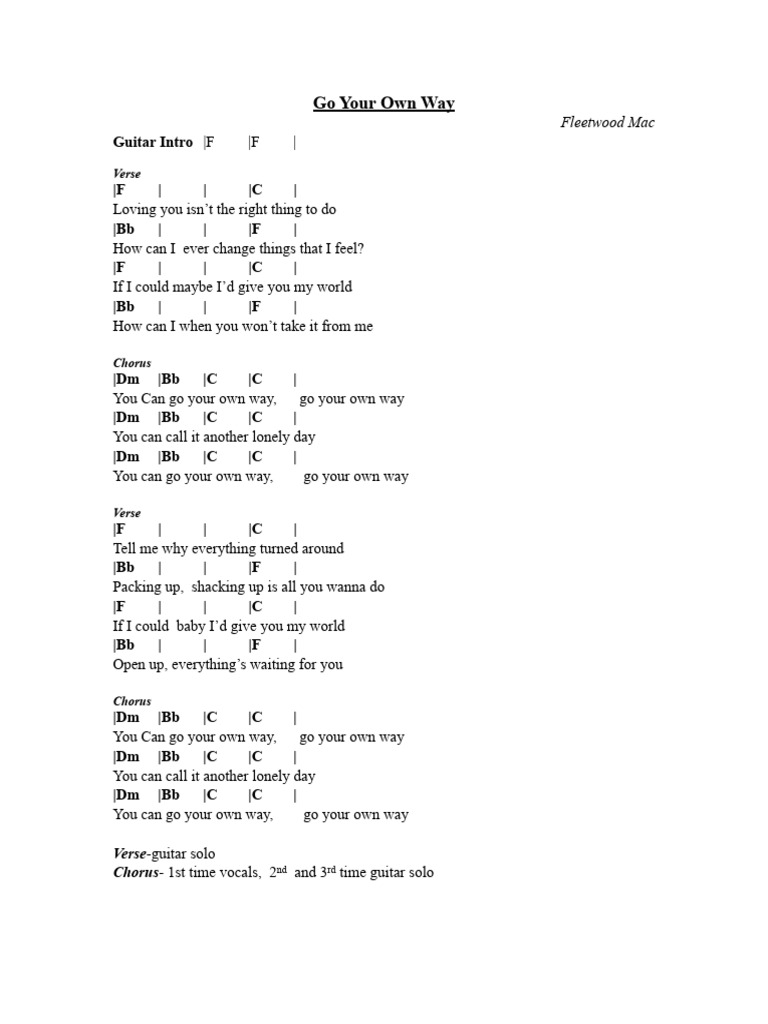 Go Your Own Way Chord Chart PDF