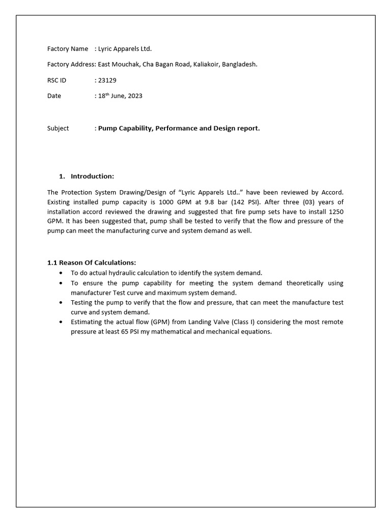 Fire Pump Performance Report for Lyric Apparels | PDF | Pump | Fluid ...