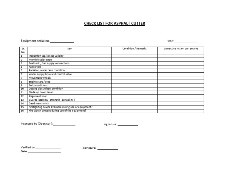 SPH A LT Cutter Inspection Checklist | PDF