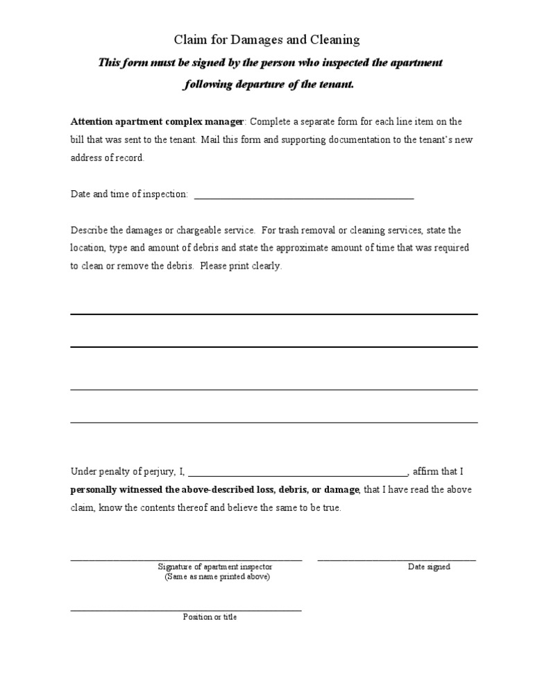 Apartment Damage Claim Form Template | PDF