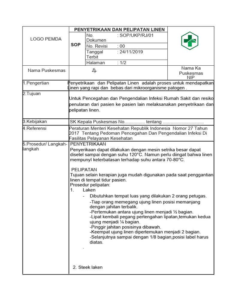 Sop Linen - Penyetrikaan Dan Pelipatan Linen D | PDF