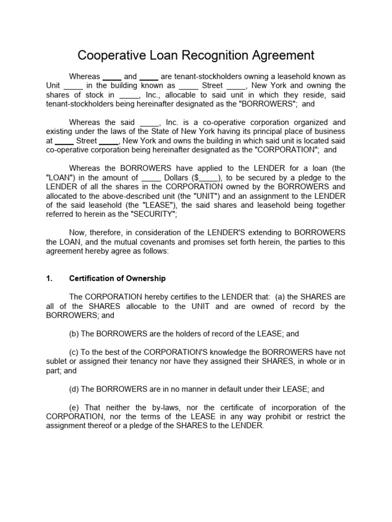 Recognition Agreement CoOp PDF Lease Loans