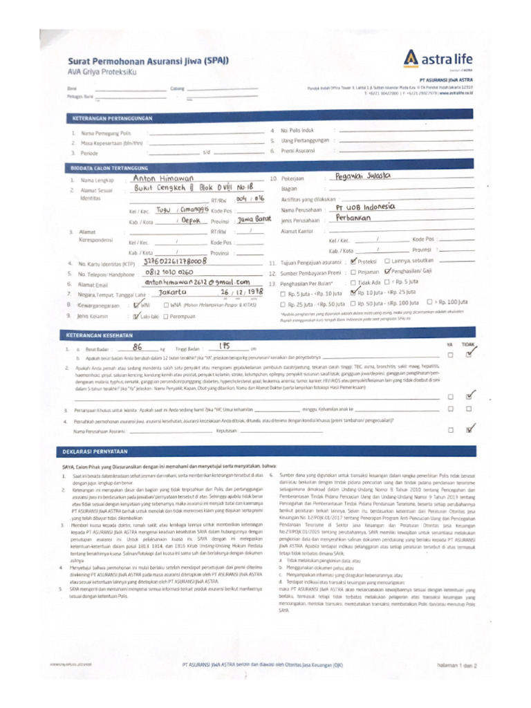 Surat Permohonan Asuransi Jiwa (SPAJ) | PDF