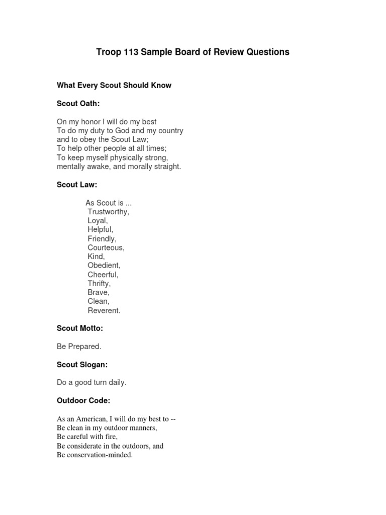 Troop 113 Board of Review Questions | PDF | Scouting | Boy Scouts Of ...