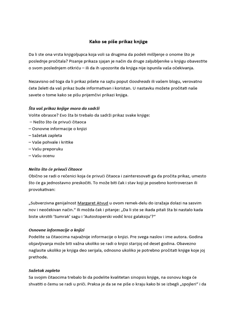 Kako Napisati Prikaz Knjige Pdf