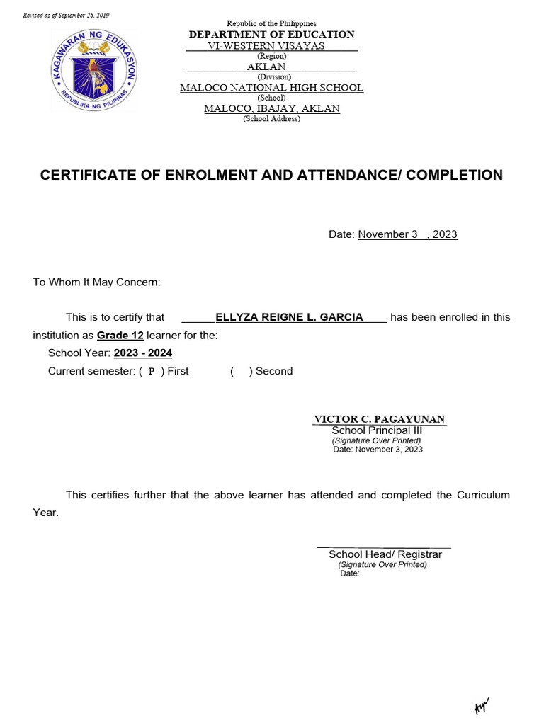 Maloco National High School Enrollment Certificates | PDF