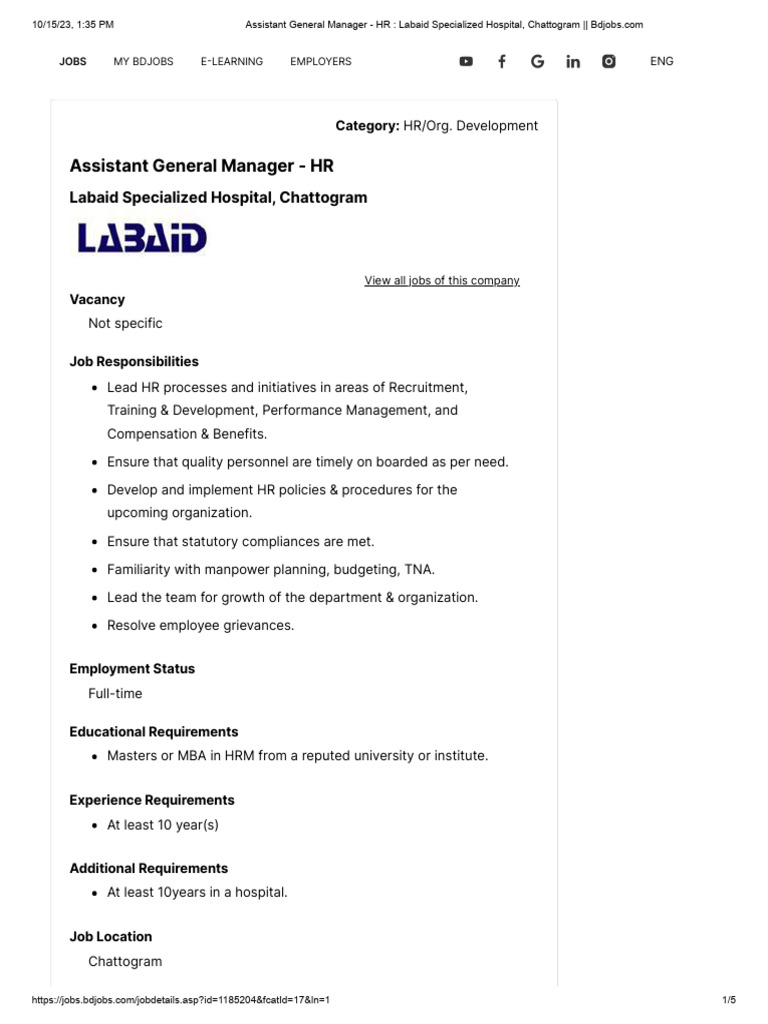 Assistant General Manager HR Labaid Specialized Hospital