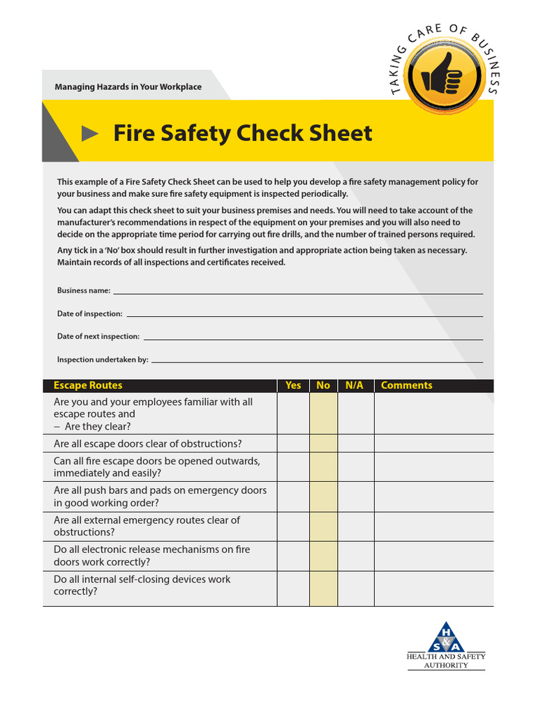 Fire Safety Check Sheet PDF Firefighting Fire Safety