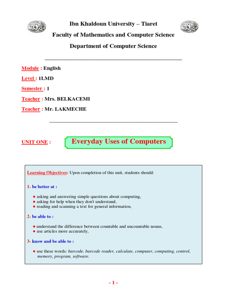 1LMD - Unit 1 - Everyday Uses of Computers | PDF | Barcode | Computer ...