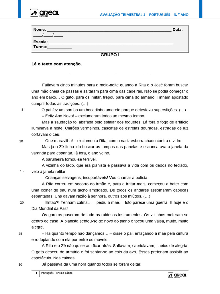 Avaliação de Português 3º Ano - Trimestral | PDF | Estresse ...