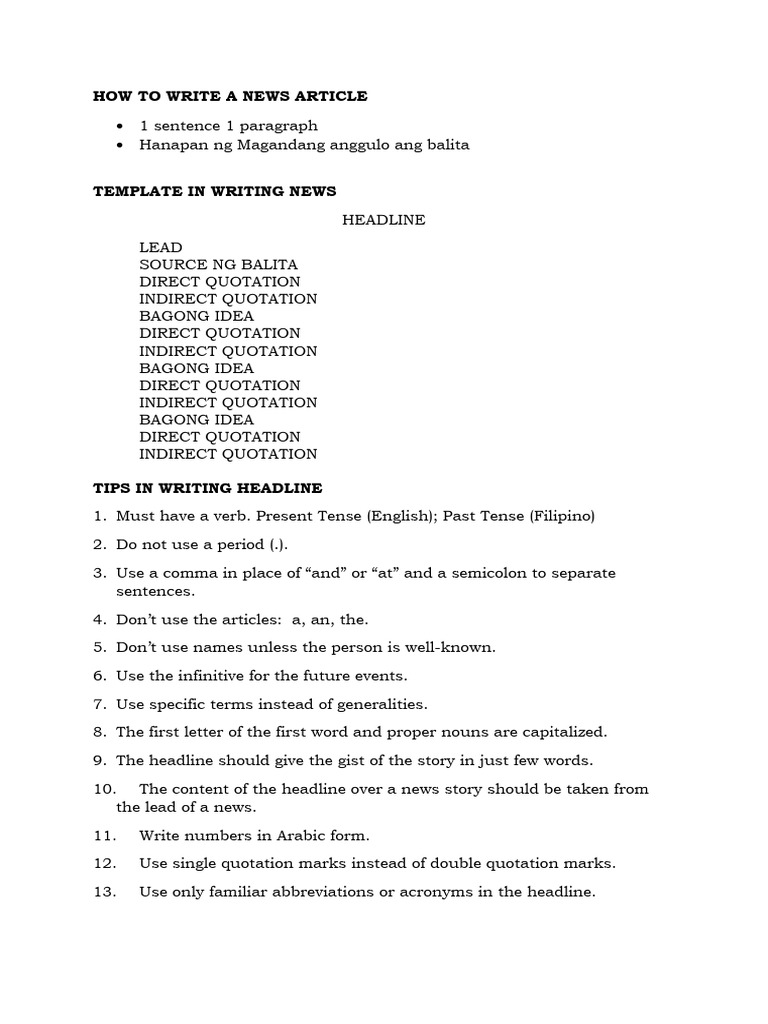 News Article Writing Guide in Filipino | PDF | Career & Growth ...