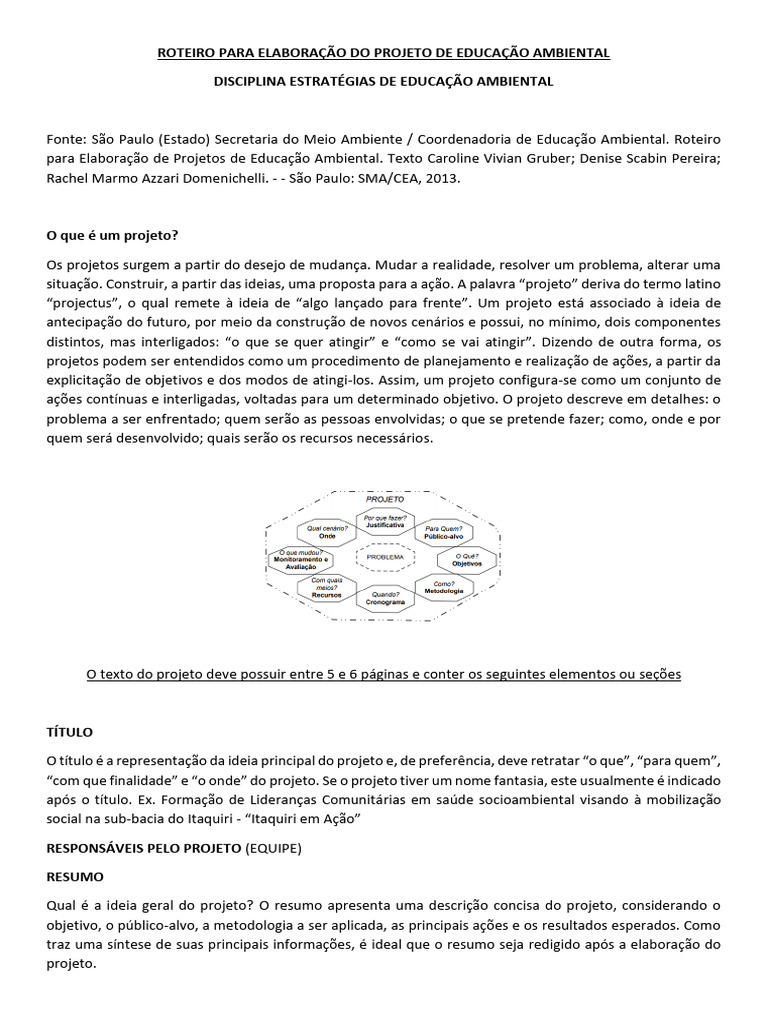 Roteiro para Elaboração Do Projeto de Educação Ambiental Da Disciplina ...