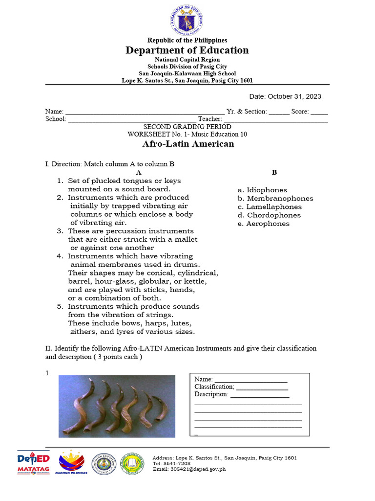 Worksheet in Music 10 For Q2 Oct. 31 | PDF | Musical Instruments ...