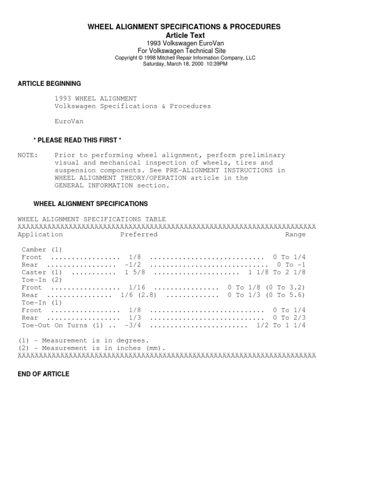 Wheel alignment specifications and procedures PDF