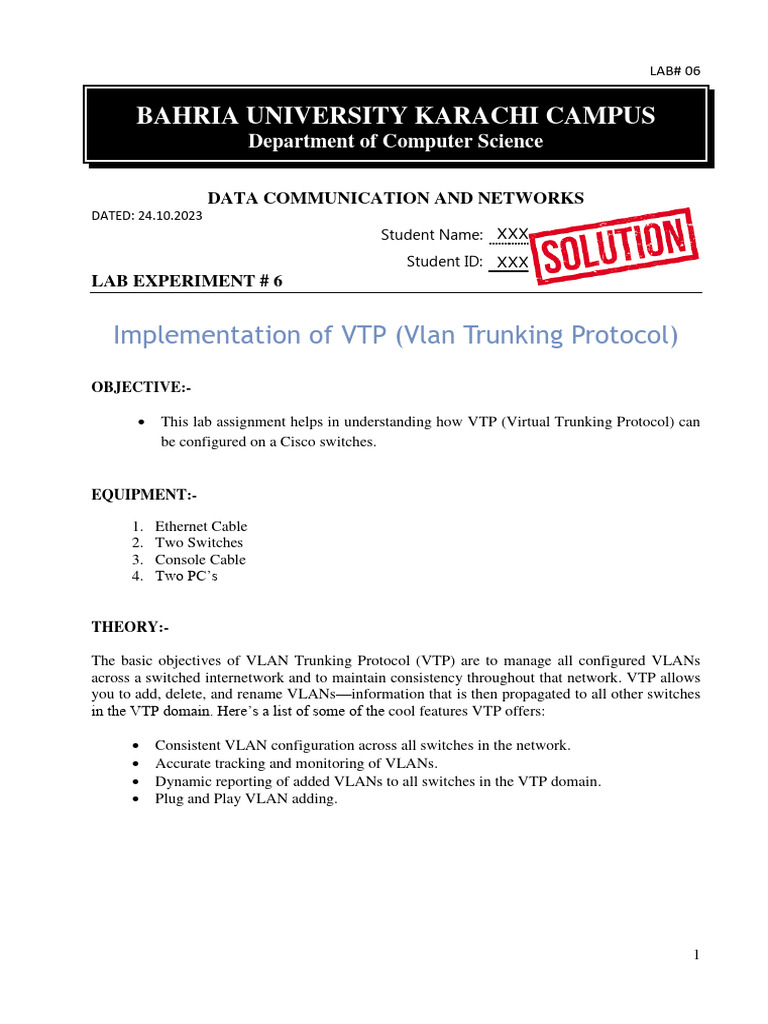 Lab 6 SOLUTION Vlan Trunking Protocol IMRAN 24 10 2023 02112023 ...