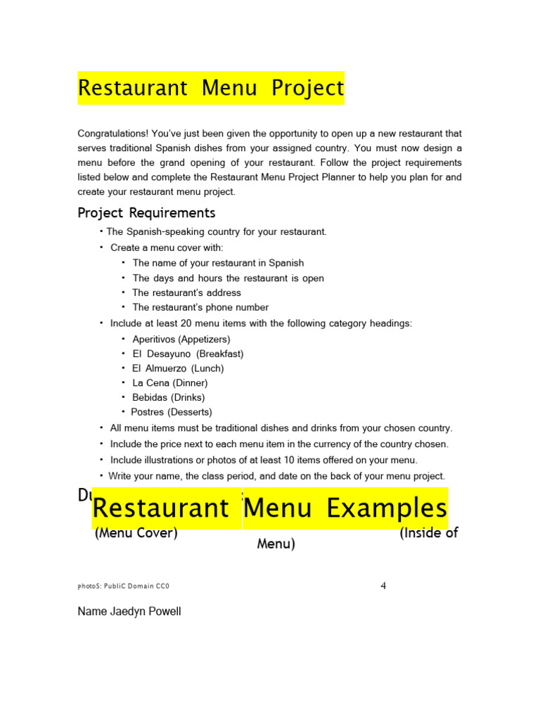 Spaanse Menu Project Voorbeelden Internet
