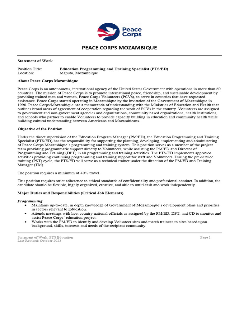 SOW - Programming and Training Specialist Education | PDF | Peace Corps ...