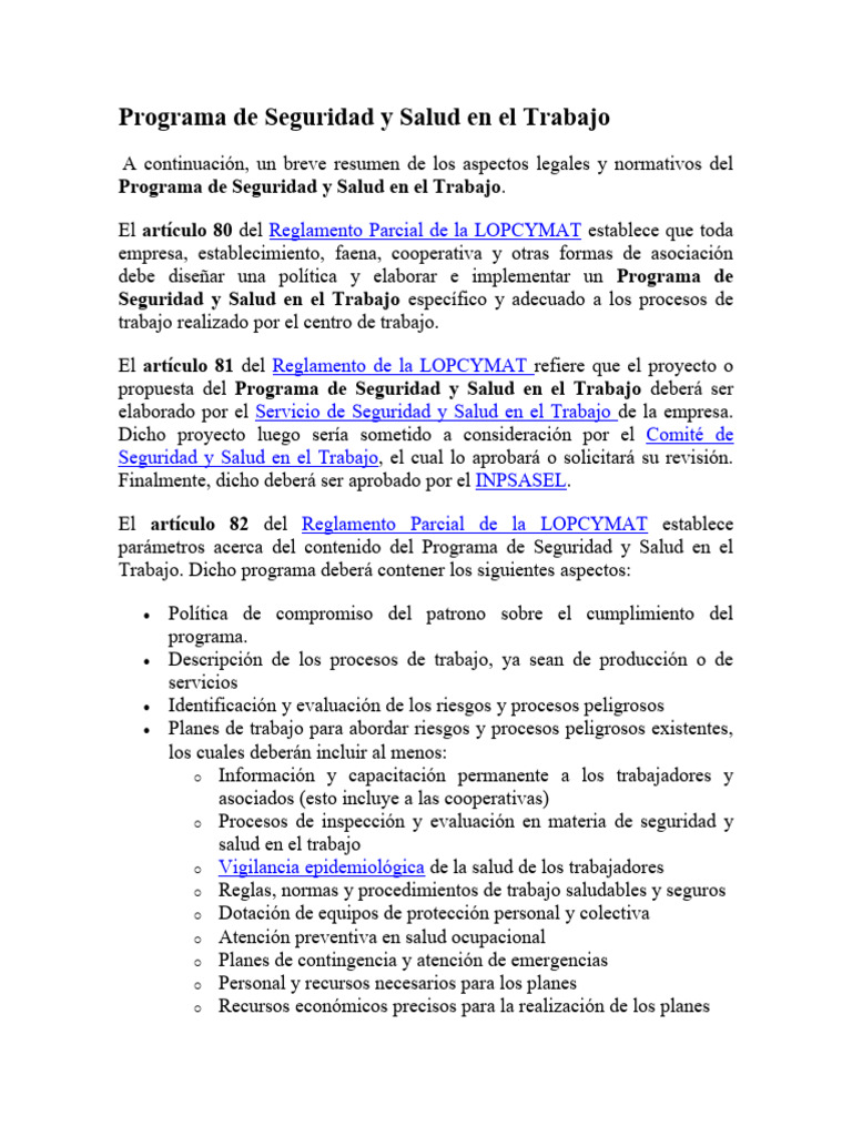 Programa de Seguridad y Salud en El Trabajo Resumen | PDF | Seguridad y ...