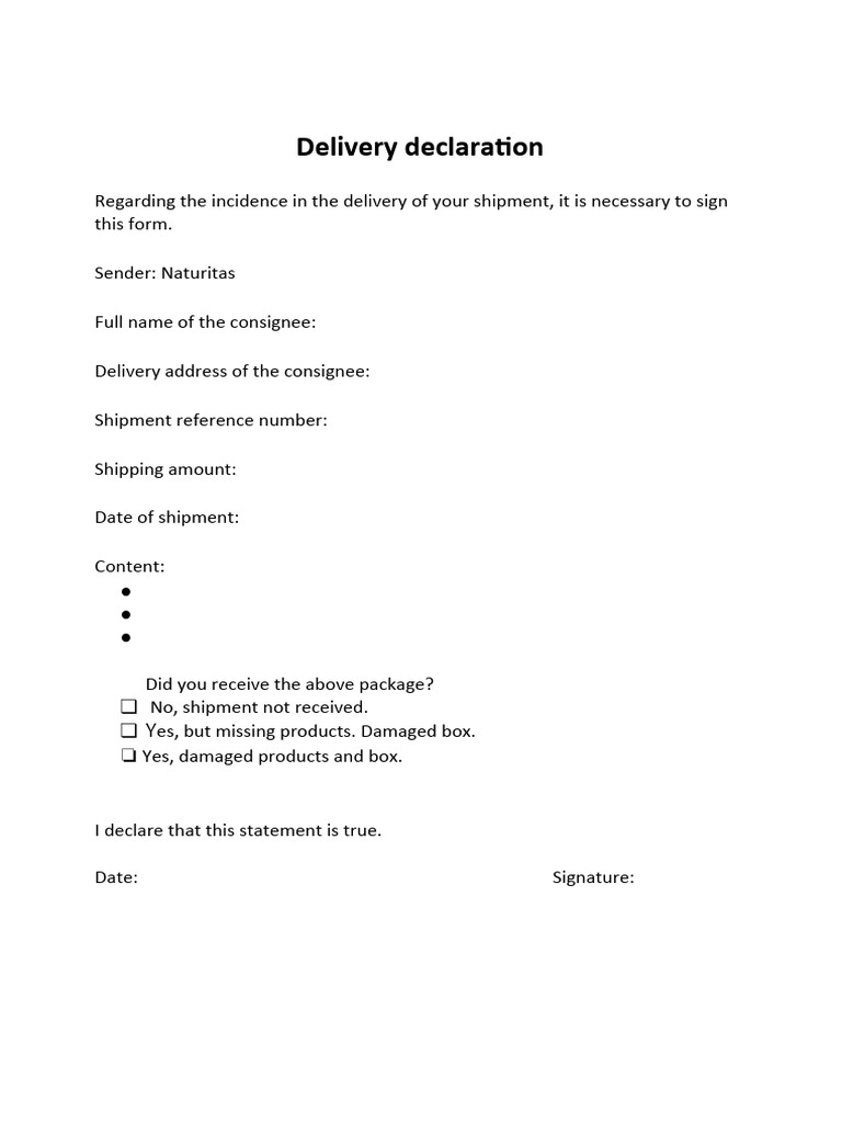 Delivery Issue Declaration Form | PDF