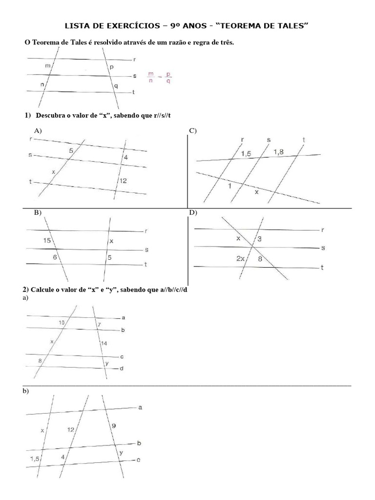 Exercícios do Teorema de Tales - 9º Ano | PDF | Ciências e Matemática