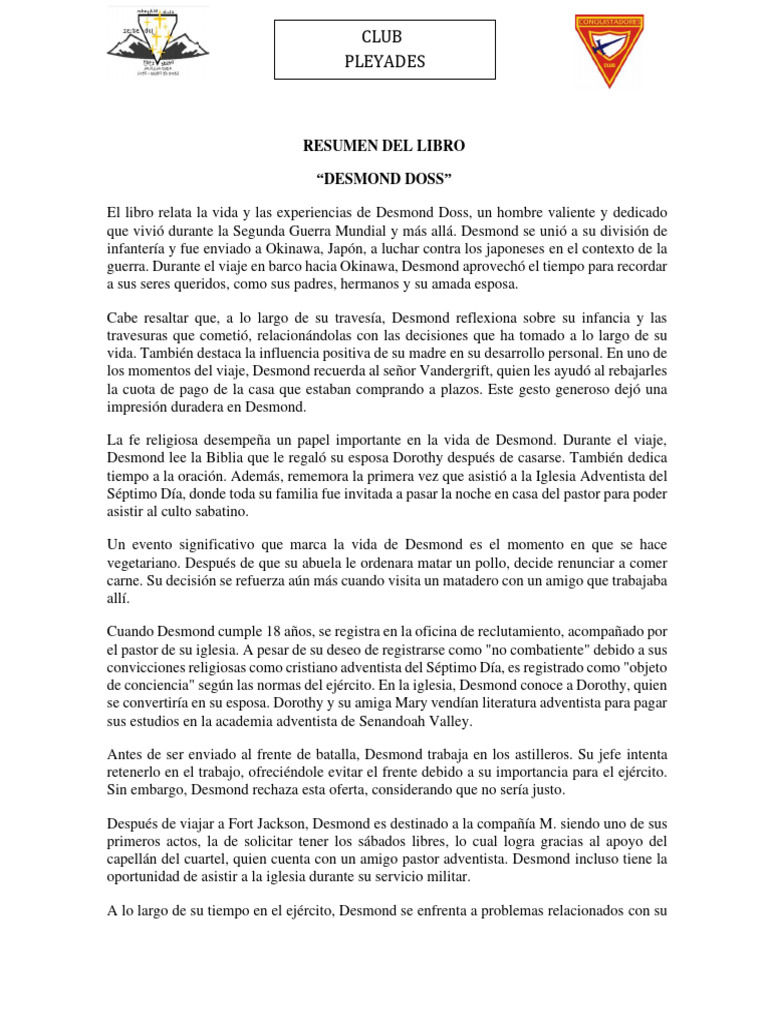 Resumen Libro Desmond Doss Descargar Gratis PDF Iglesia Adventista 