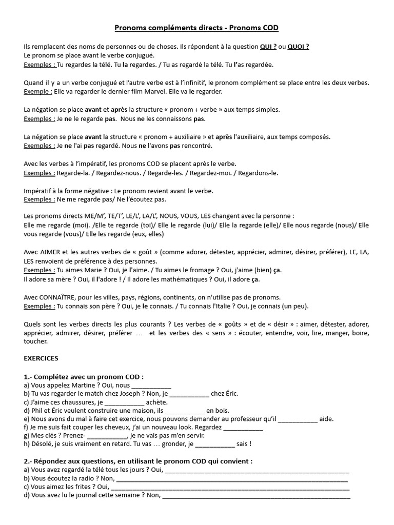 Pronominalisation des compléments COD/COI | PDF | Verbe | Complément d ...