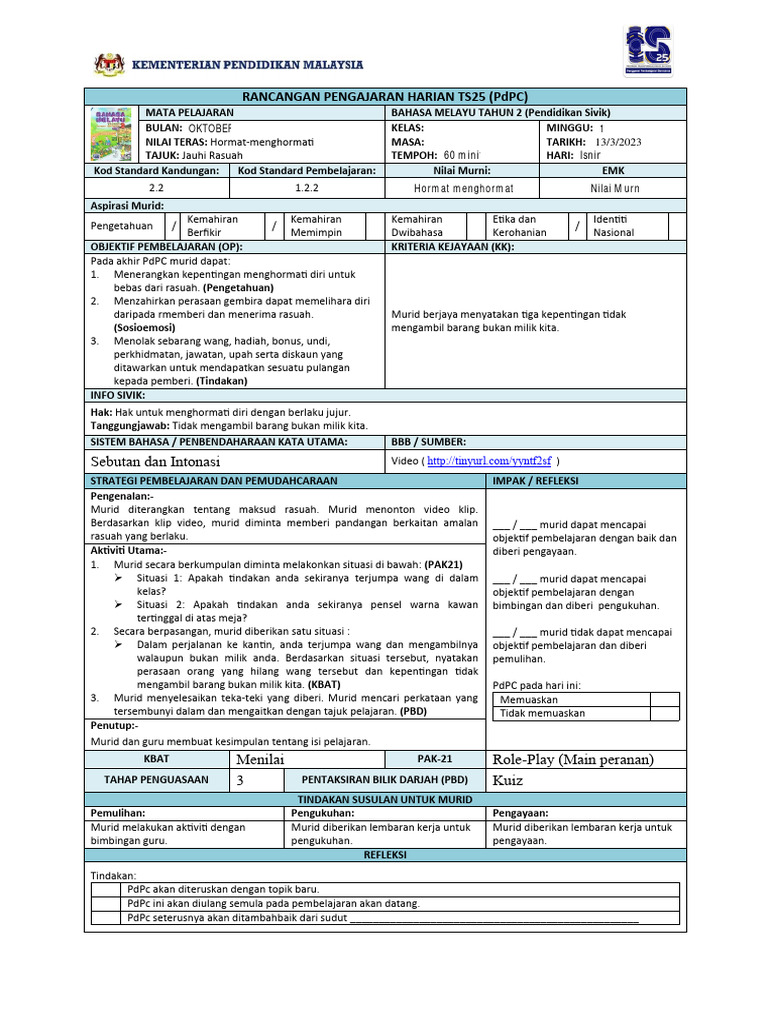 Pengajaran Jauhi Rasuah Tahun 2 | PDF