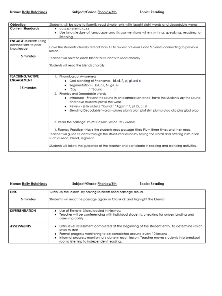 Phonics Lesson Plan by Holly Hutchings | PDF | Phonics | Applied ...