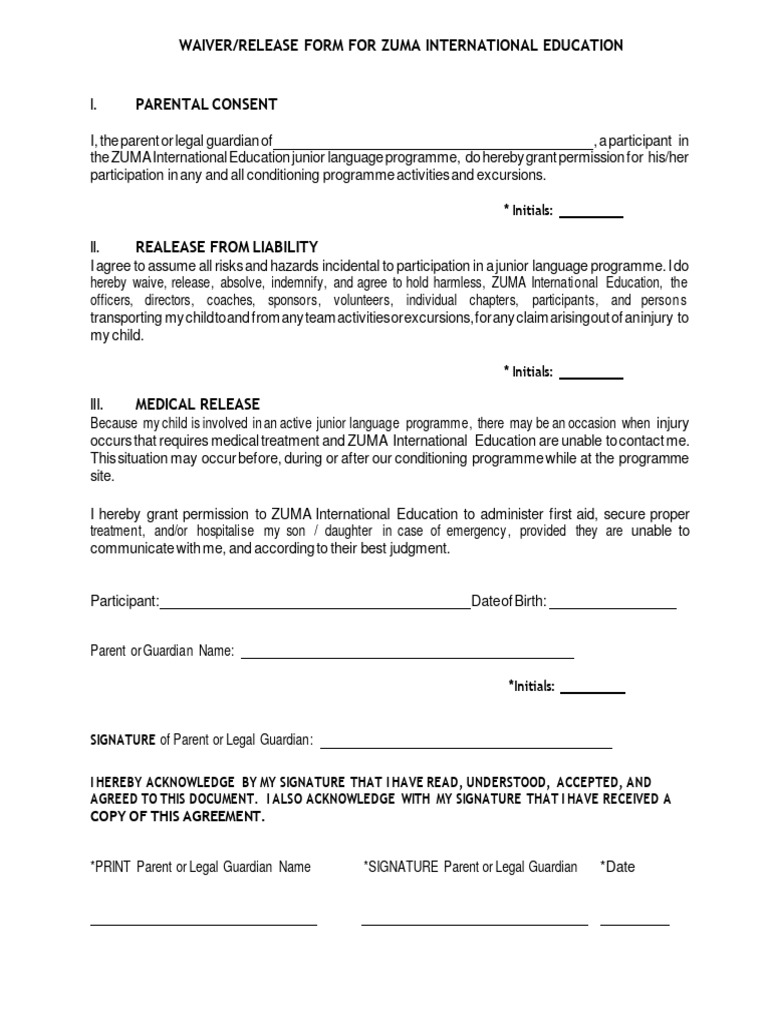 ZUMA Education Waiver and Release Form | PDF | Wellness