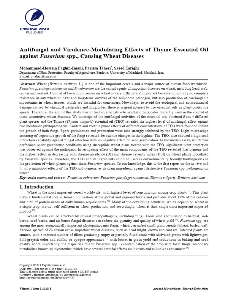 Effects of Thyme Essential Oil PDF Plant Pathology