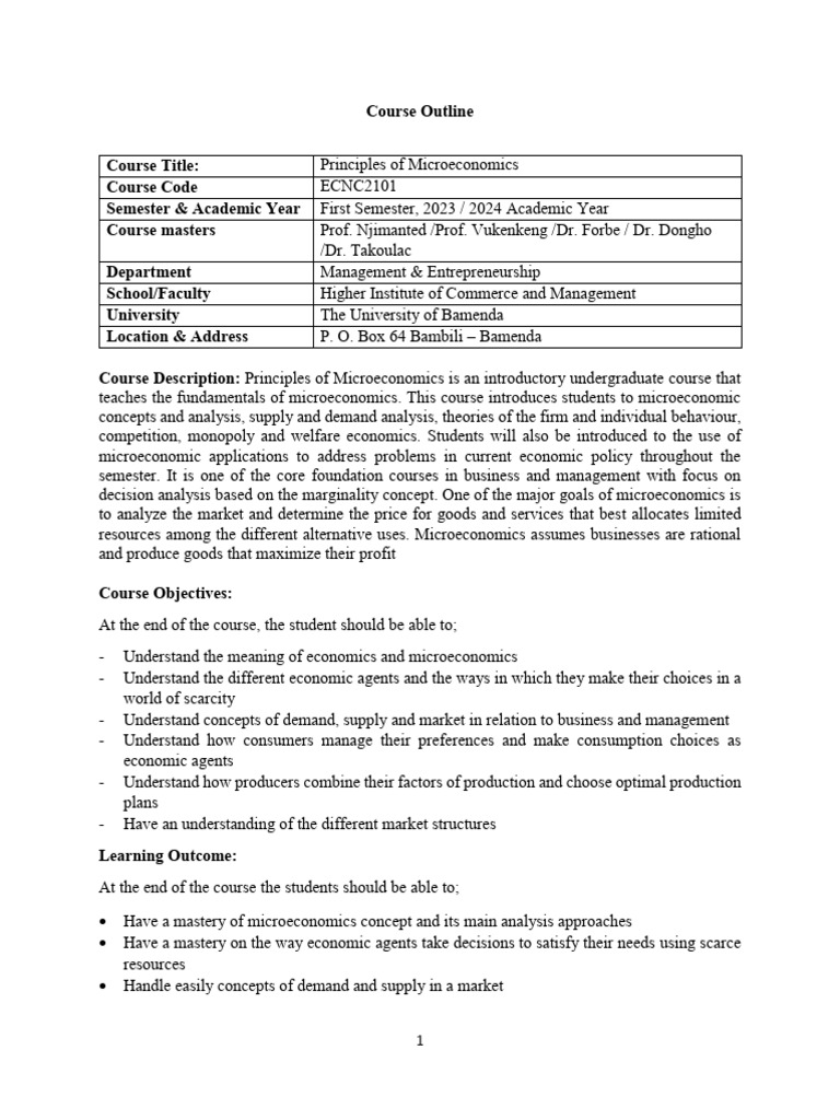 Microeconomics Course Outline 2023/24 | PDF | Microeconomics | Economics