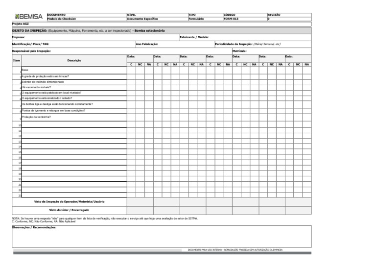 Checklist de Inspeção: Bomba Estacionária | PDF | Informática