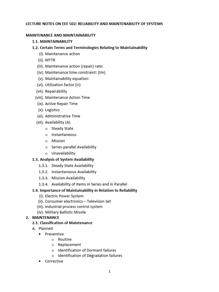 EEE 502: Reliability & Maintainability Notes | PDF | Reliability ...