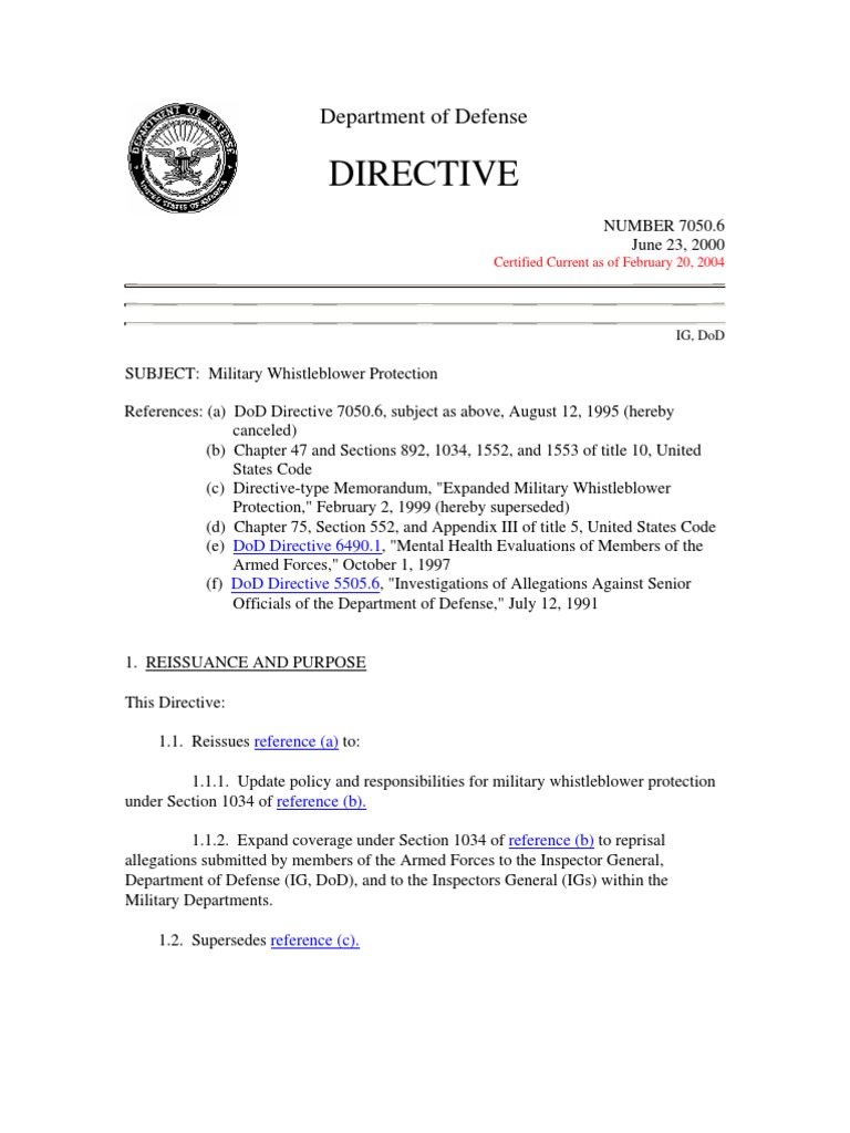 Directive Department of Defense United States Department Of Defense