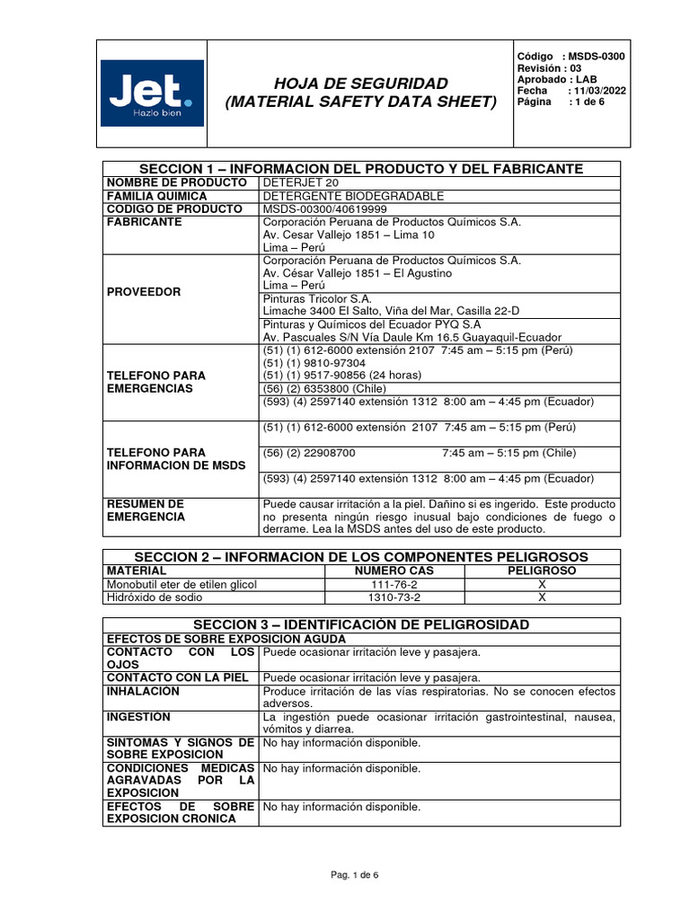 Hoja de Seguridad Deterjet 20 MSDS | PDF | Higiene Ocupacional | Química