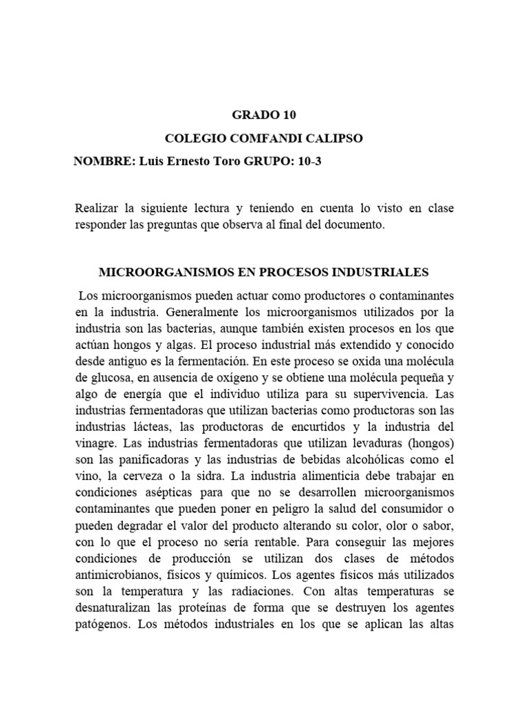 Microorganismos en la Industria Alimentaria | PDF | Microorganismo ...