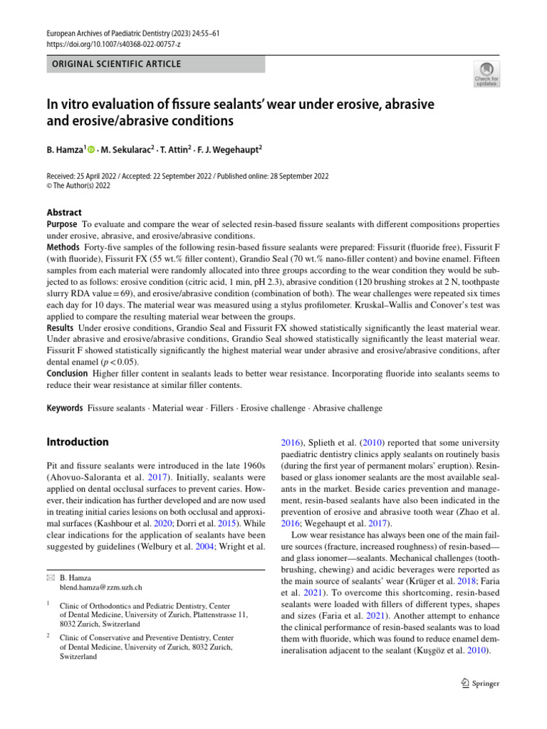 In Vitro Evaluation of Fissure Sealants' Wear Under Erosive, Abrasive and Erosive/abrasive