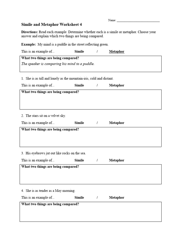 Simile and Metaphor Worksheet 04 PDF Metaphor